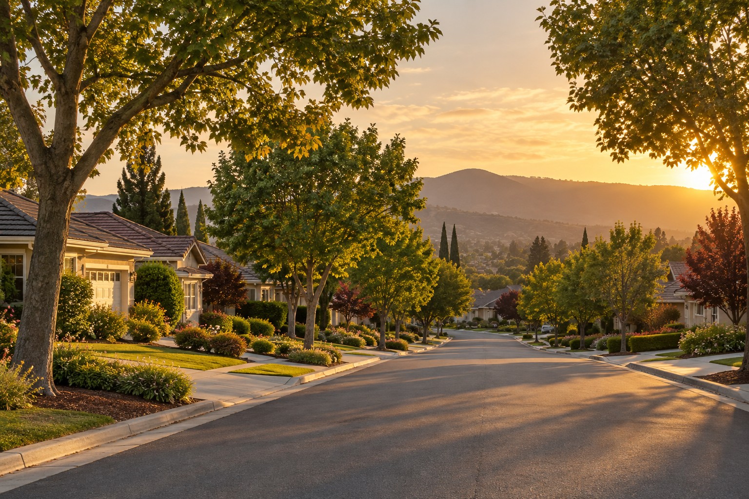 A tree-lined South Bay street at sunset, illustrative