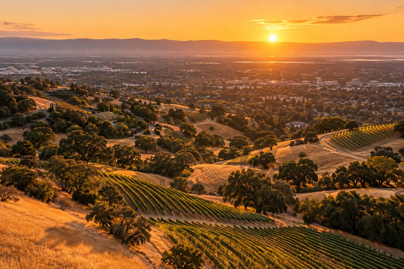 Golden South County hills and vineyards at sunset, illustrative