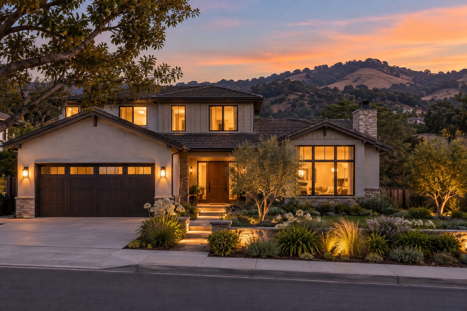 A South Bay foothill home at dusk, illustrative