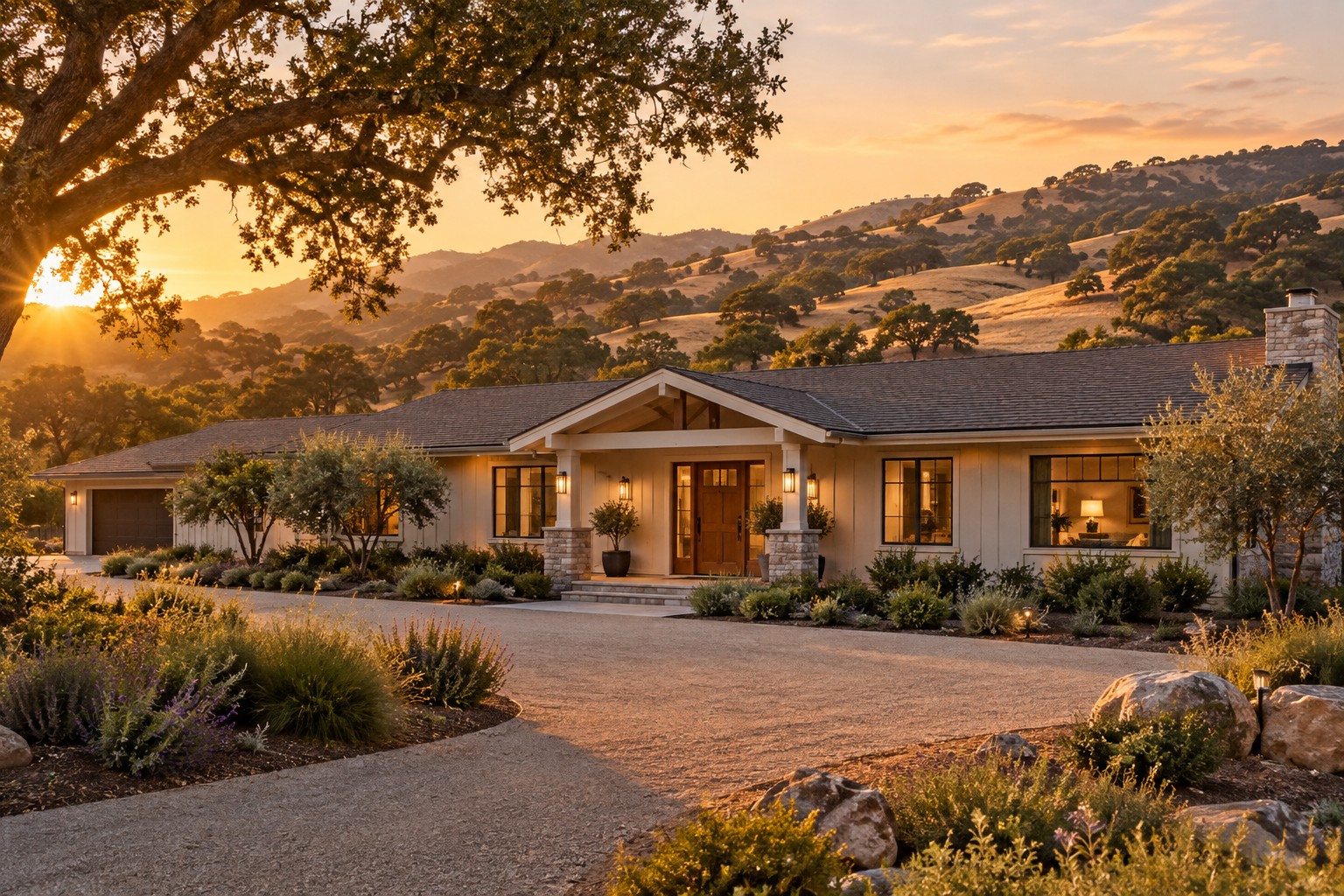 A South County ranch home at sunset, illustrative